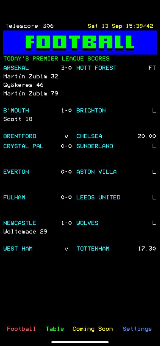 I think I’m in love with an app that reminds me of simpler, better times of football.   Fantastic nostalgia.  Well done, Telescore.

apps.apple.com/gb/app/telesco…