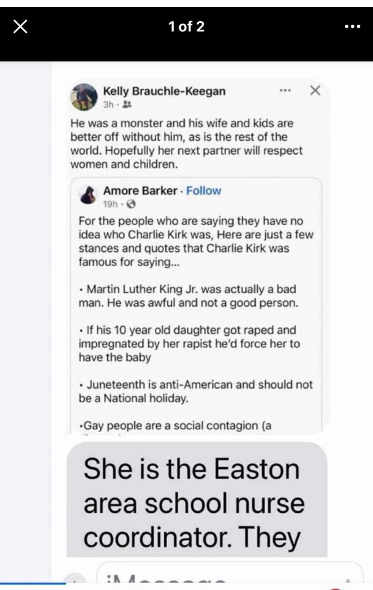 Lane Brown (@lanebrown_3) on Twitter photo 🚨Everyone meet Kelly Keegan. She is the Easton Area School Nurse Coordinator.
She said Charlie’s wife and kids are better off without him.
Let’s make her famous.
Email Kara Dufour the Chief Human Resource Officer - dufourk@eastonsd.org 🚨Everyone meet Kelly Keegan. She is the Easton Area School Nurse Coordinator.
She said Charlie’s wife and kids are better off without him.
Let’s make her famous.
Email Kara Dufour the Chief Human Resource Officer - dufourk@eastonsd.org