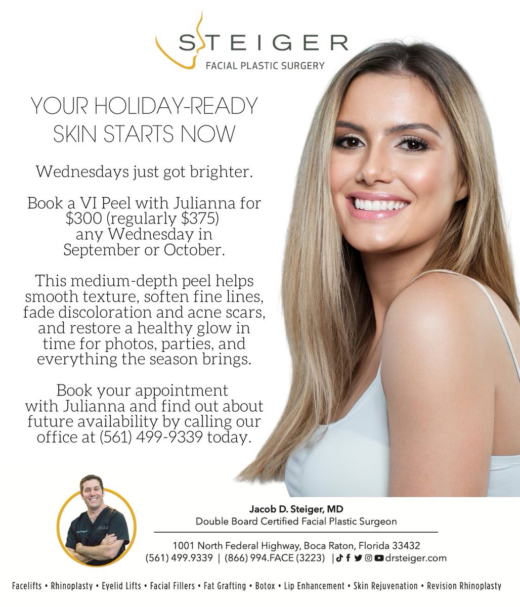 Shine bright this season with flawless, photo-ready skin! ✨ Book your VI Peel with Julianna any Wednesday in September and enjoy radiant results just in time for every party and family gathering. 🌟
 
Why choose VI Peel?
✅ Smooths texture and evens tone
✅ Minimizes fine lines,