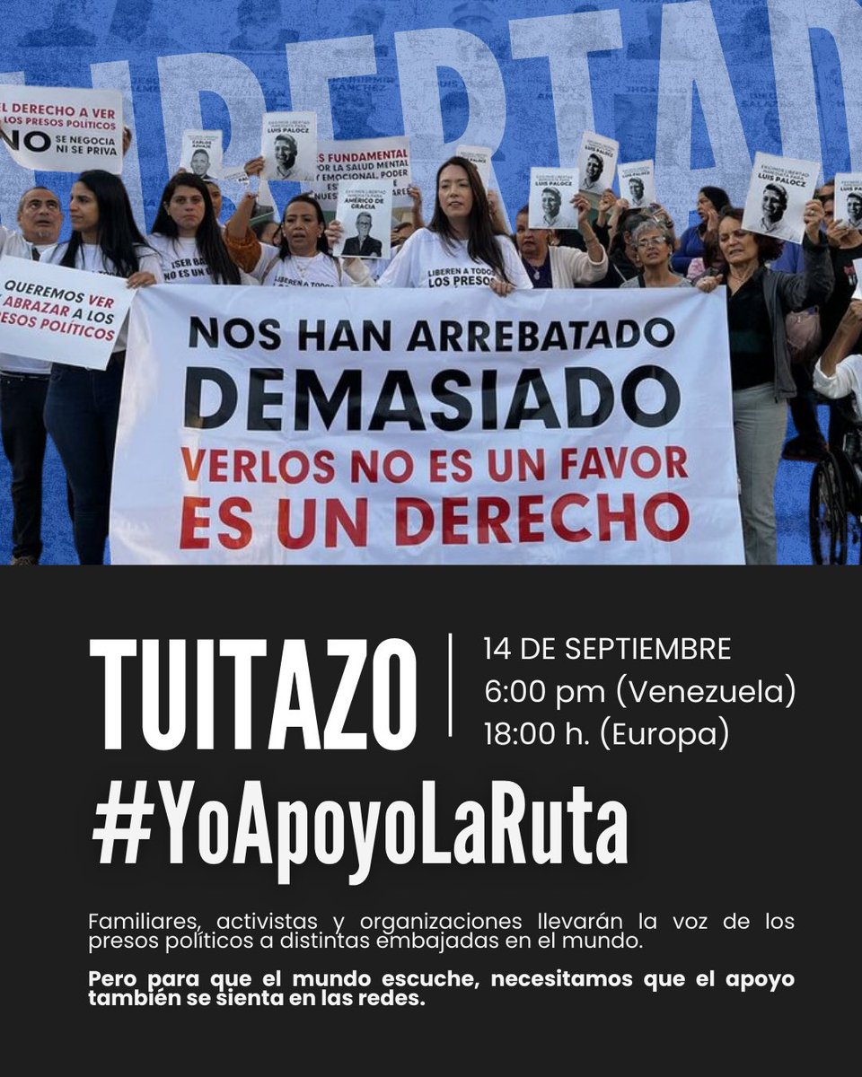 📢 Tuitazo | #YoApoyoLaRuta

Este domingo 14 de septiembre te invitamos a sumarte al gran tuitazo solidario con la etiqueta #YoApoyoLaRuta, en respaldo a la #RutaGlobalPorLaJusticia, para que nuestro mensaje de libertad mueva la solidaridad nacional e internacional.

👉 A partir