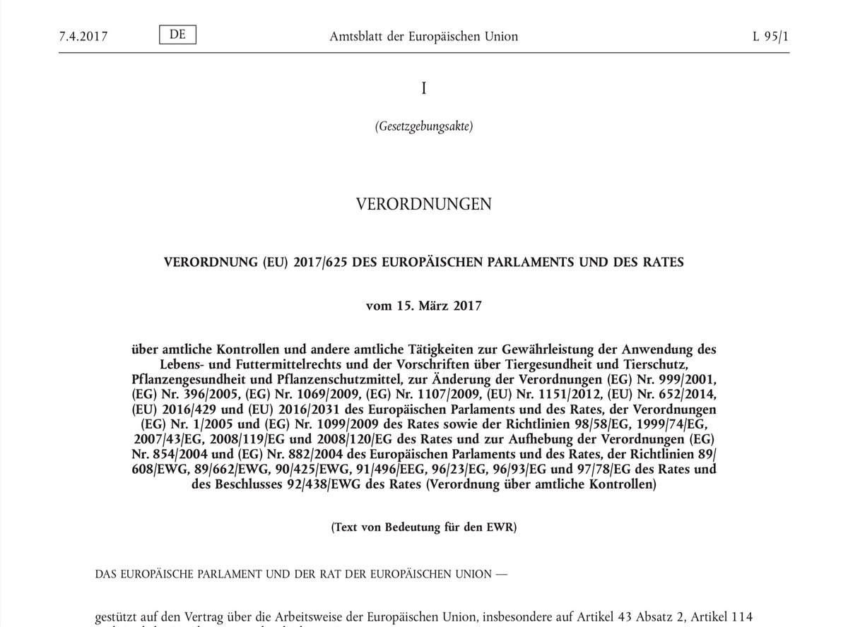 Kämpfe mich gerade durch das Abkommen im RA2.0 zur Lebensmittelsicherheit. In diesem muss die Schweiz 61 EU-Gesetzgebungsakte direkt übernehmen.

Die erste, die ich mir anschaute, hat folgenden Titel und ist 142 Seiten lang:

Verordnung (EU) 2017/625 des Europäischen Parlaments