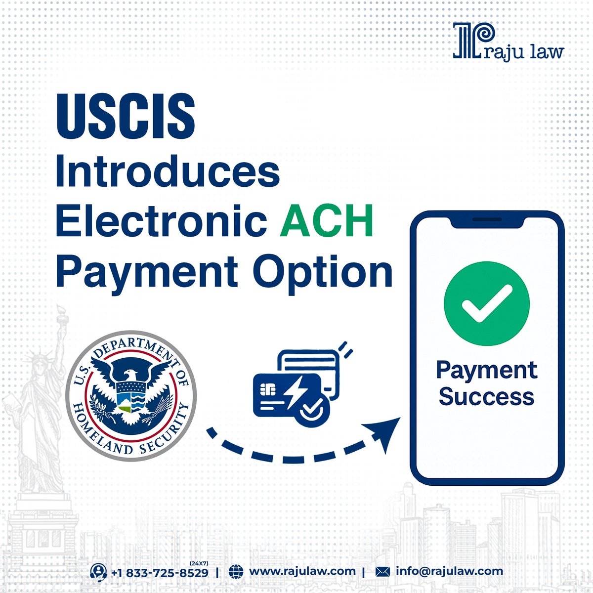 rajulawusa's tweet image. USCIS now allows immigration fees to be paid electronically through ACH (Automated Clearing House)— a direct transfer from your U.S. bank account. This offers applicants a secure and convenient way to make payments online without using credit or debit cards.
#RajuLaw #USCISUpdate