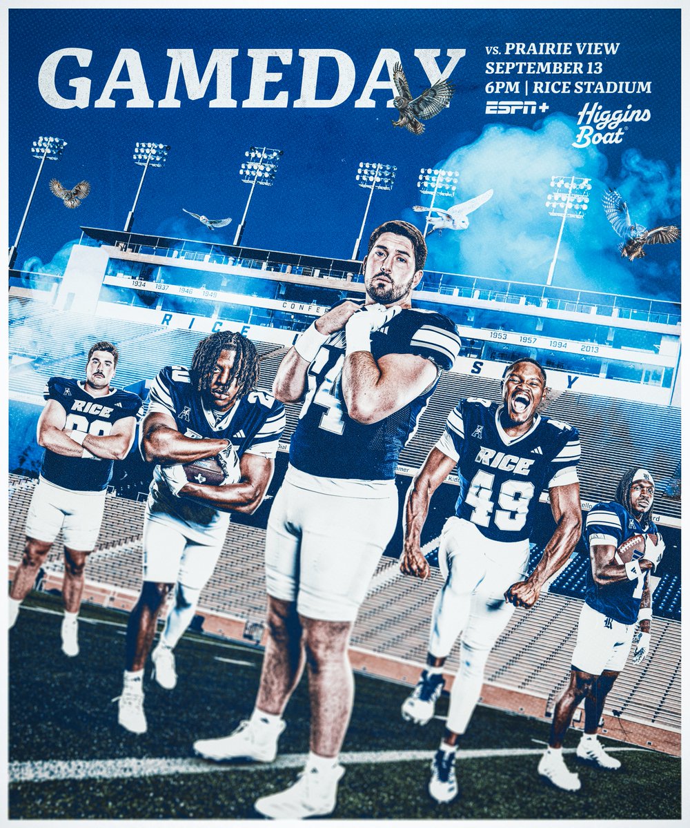 RiceFootball's tweet photo. GAMEDAY IN H-TOWN‼️

🆚 Prairie View A&amp;M
⏱️ 6:00 pm 
📺 ESPN+
📍Rice Stadium 

#WE https://t.co/LSvFIU9r5E