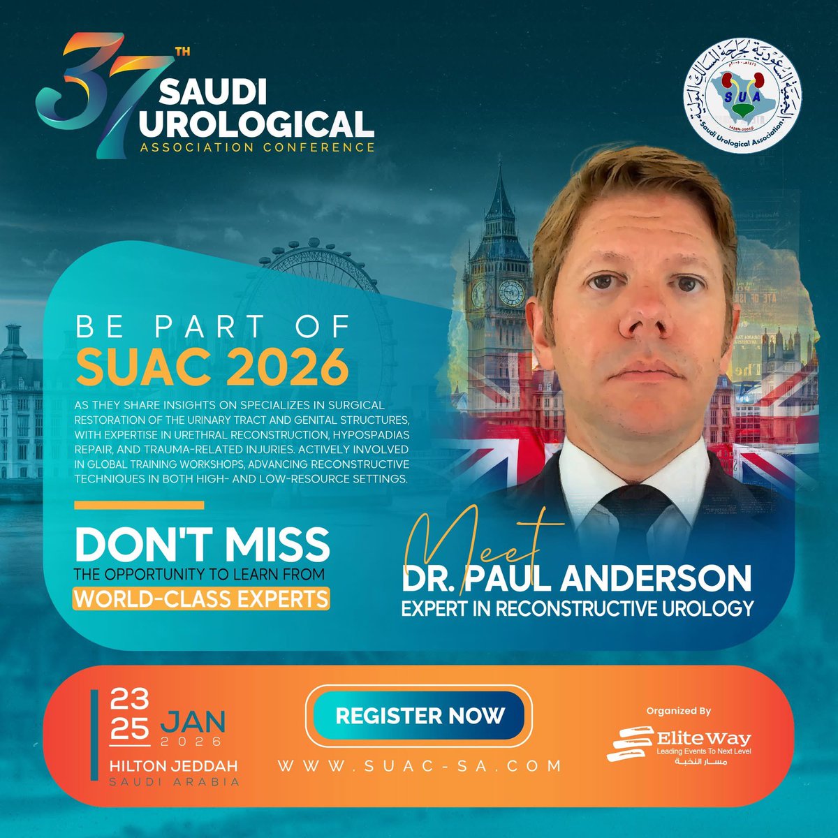 Meet Dr. Paul Anderson <a href="/PCB_Anderson/">Paul Anderson</a> at SUAC 2026!
A global leader in reconstructive urology, sharing breakthrough expertise and surgical innovations.
Welcome to Saudi Arabia 

<a href="/dralsulihem/">د. علي الصليهم</a> 
<a href="/Aaq997Ghazi/">د. عبدالله غازي Abdullah Ghazi مسالك بولية</a> 
<a href="/saudiurological/">SUA</a> 

📅 23–25 January 2026
📍 Hilton Jeddah, Saudi Arabia
🔗