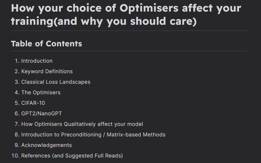 ChinmayKak's tweet image. New Blog Post!
Covers a lot of stuff I find interesting about optimisers and how they affect model training both in terms of resources and quality of the model.
Link Below, please do check it out and RT/QT for the reach:)