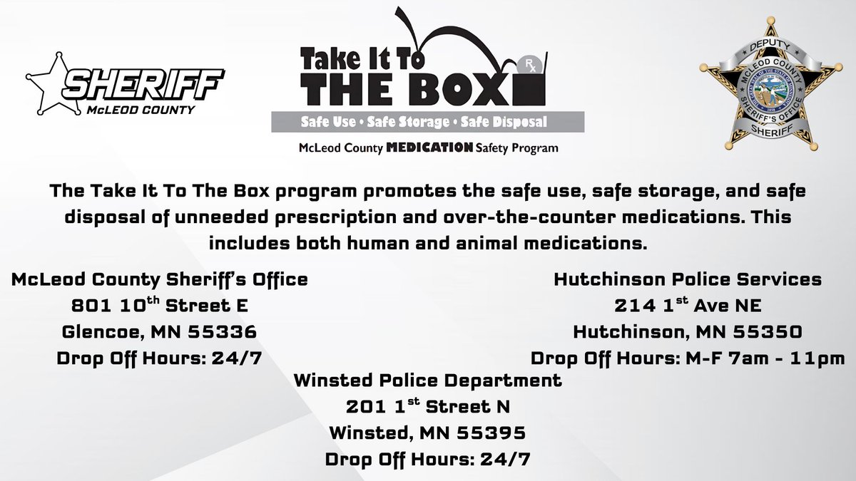 Did you know that you can safely and securely discard expired or unneeded medications right in McLeod County? Drop boxes are available at Hutchinson Police Services, the Winsted Lester Prairie Police Department, and the MCSO.

For more, click below.

mcleodcountymn.gov/government/she…