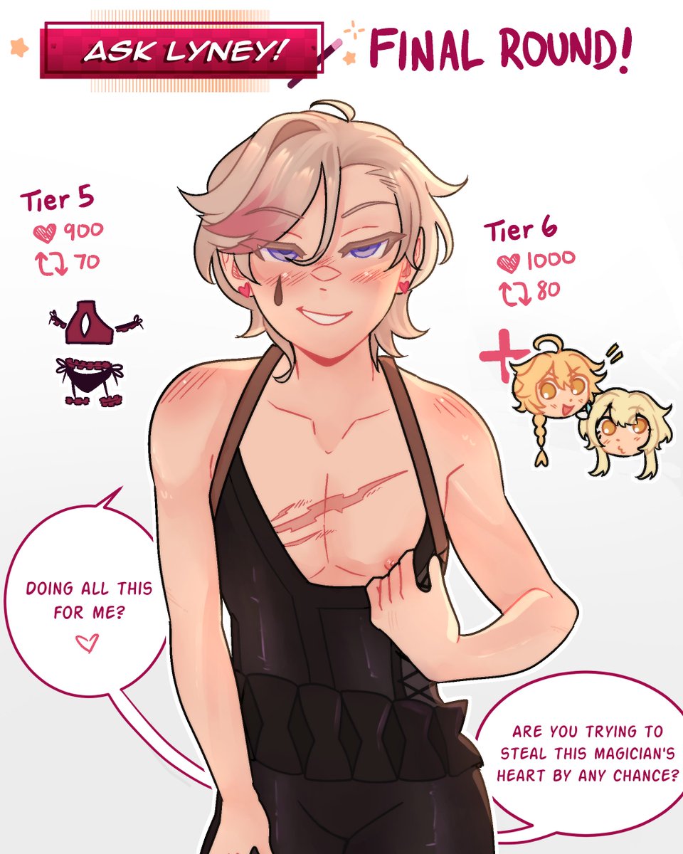 #lyney #genshin #genshinimapct
asklyney.straw.page
✧─── ･ ｡ﾟ★: .✦ . :★. ───✧
Good luck. 3 Drawing of him in lingerie are on the line.