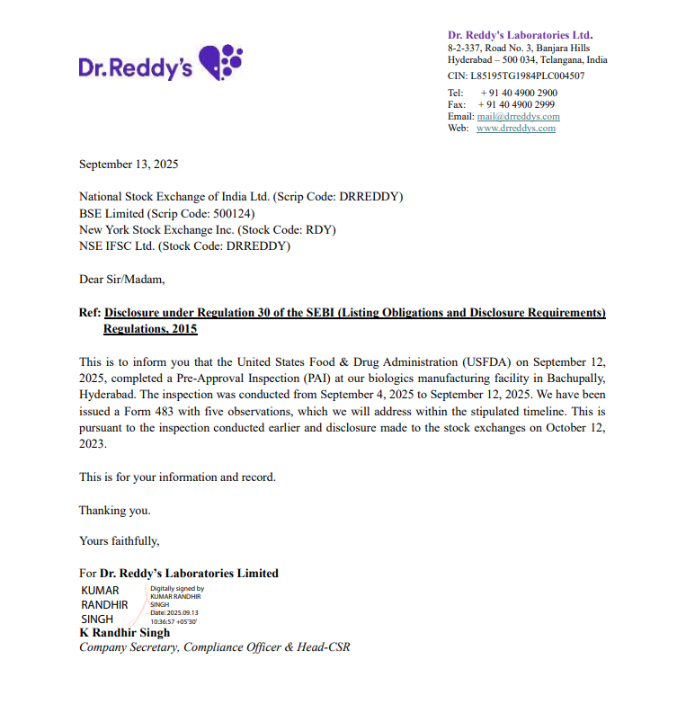 iamanjiiii's tweet image. 📢 Dr. Reddy’s Laboratories Limited | USFDA PAI Update 🇮🇳
🔬 Pre-Approval Inspection (PAI) at Bachupally biologics facility
📅 Sep 4–12, 2025
⚠️ Form 483 issued with 5 observations
📌 Company to address within timeline

#DrReddys #USFDA #Form483 #PAI #Hyderabad #IndiaPharma
