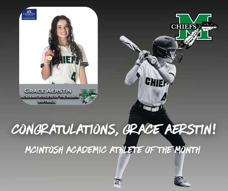 🎉 Huge congratulations to McIntosh High School’s Grace Aerstin for being named the Student Academic Athlete of the Month for softball! 🥎📚 

👏 A big shoutout as well to Coach Pou for being named McIntosh High School’s Coach of the Month—well deserved! 🏆

Go Chiefs! 💚🤍🖤
