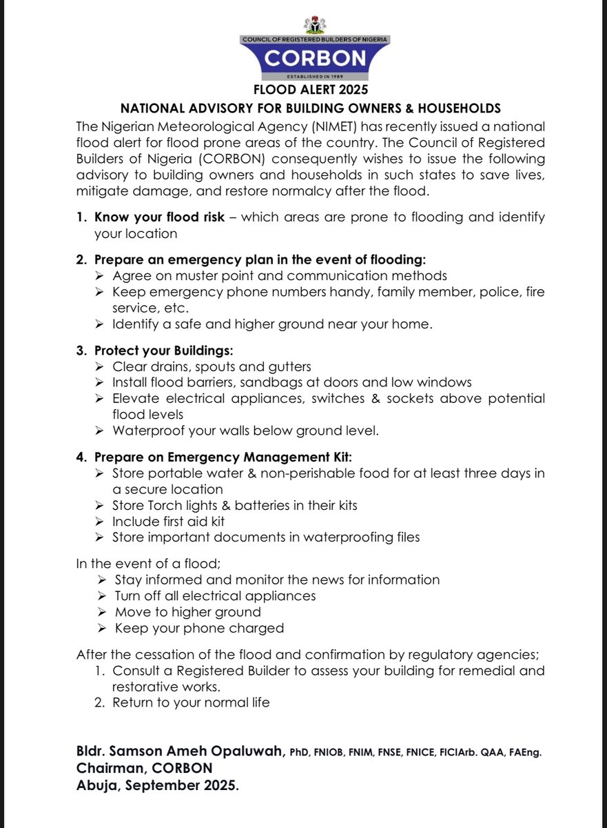CorbonNG's tweet image. FLOOD ALERT 2025 - NATIONAL ADVISORY FOR BUILDING OWNERS &amp;amp; HOUSEHOLDS

#FloodAlert2025
#CORBON
#RegisteredBuilders
#Awareness
#Nigeria