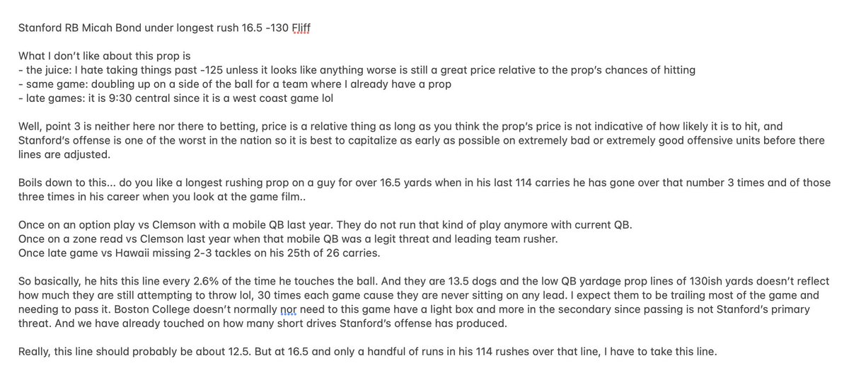 Play #4 - Stanford RB Micah Ford under longest rush 16.5 yds (-130 Fliff)