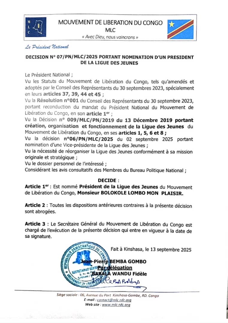 Mouvement de Libération du Congo - MLC tweet media