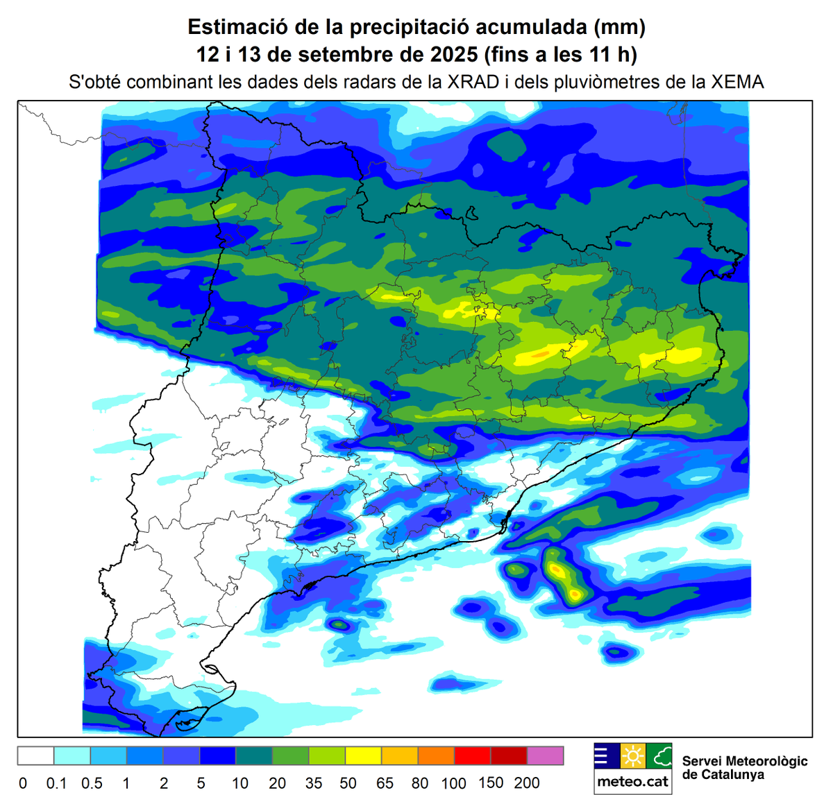 meteocat's tweet photo. Entre ahir divendres i aquest matí la pluja s'ha concentrat a la meitat nord de Catalunya, amb acumulacions locals superiors a 50 mm

Algunes de les tempestes han estat excepcionalment intenses. A la Quar #Berguedà s'han recollit 7,8 mm en 1 minut, un registre inèdit a la #XEMA https://t.co/yaFLXvwD0L
