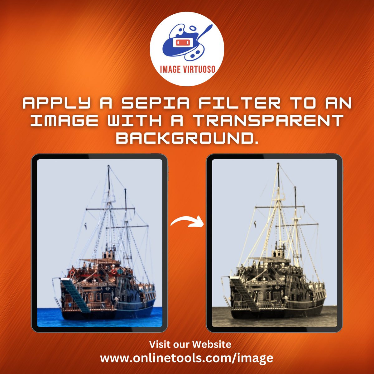 ImageVirtuoso's tweet image. In this example, we apply a sepia filter to an image with a transparent background.  
Try our Tool: onlinetools.com/image/add-sepi… 
#browserling #sepiafilter #imagefilter #onlinetools #photoediting #vintageeffect #retrostyle #digitalart