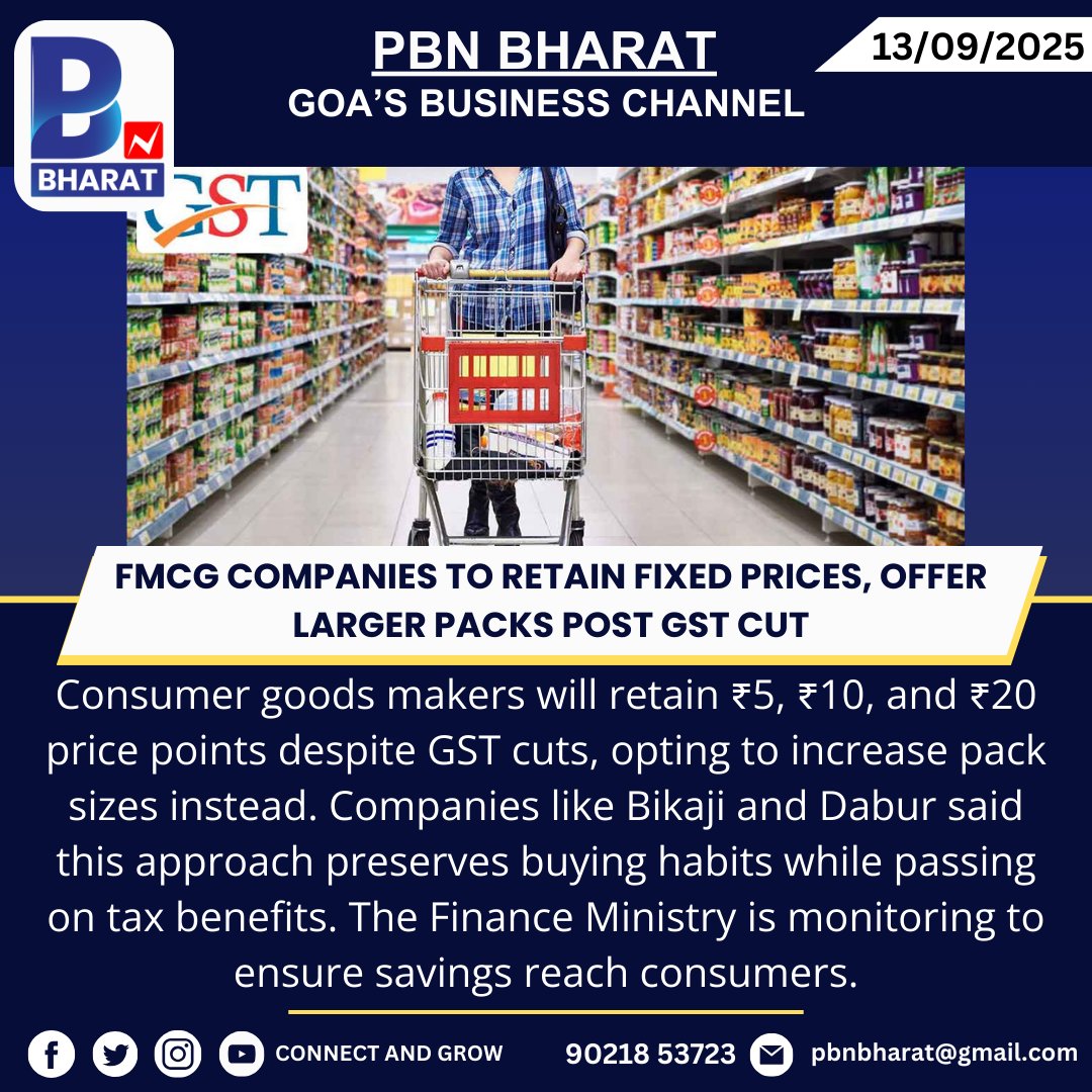PBNBHARAT's tweet image. FMCG Companies to Retain Fixed Prices, Offer Larger Packs Post GST Cut#FMCG #GST #ConsumerGoods #MRP #Retail #IndiaBusiness #DailyEssentials #ConsumerTrends #Economy #TaxReforms