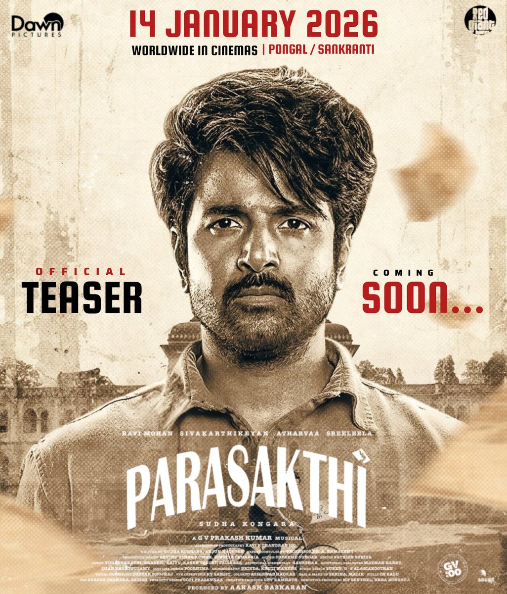 SKFC_Kerala's tweet image. #Parasakthi Worldwide Release 14th January 2026 in Cinemas 💥

#ParasakthiPongal Teaser Coming Soon

@Siva_Kartikeyan @Sudha_Kongara @iam_RaviMohan @Atharvaamurali @sreeleela14 @gvprakash @DawnPicturesOff