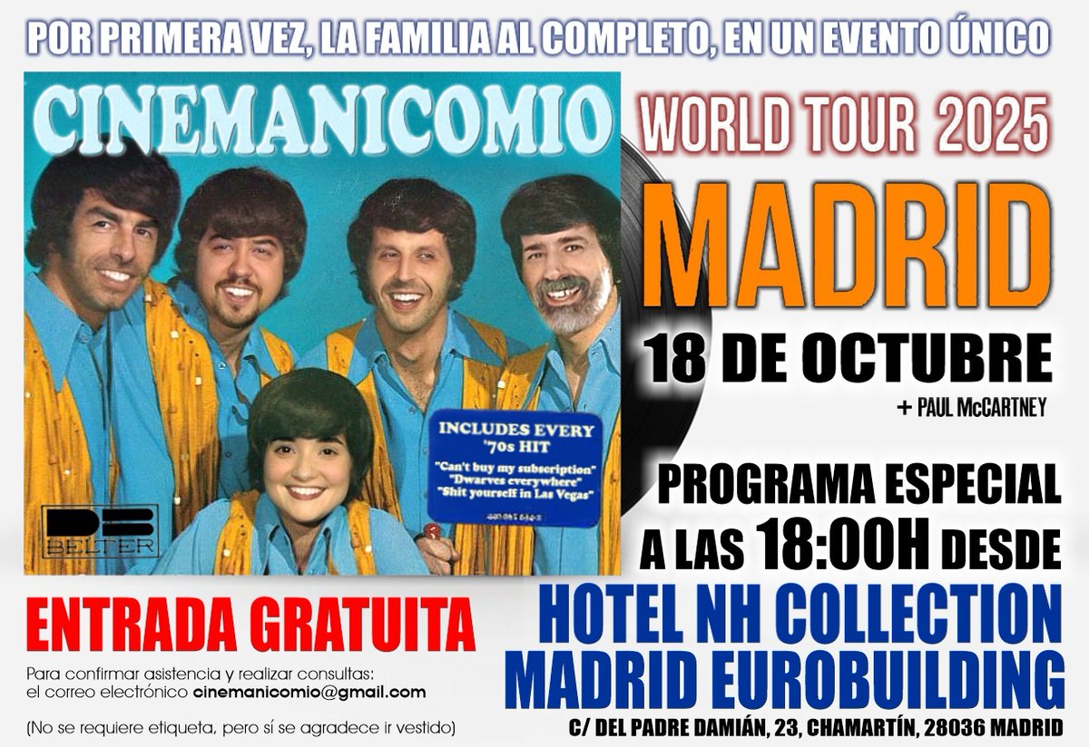 Por primera vez, y tras 4 años y medio de existencia del canal, todos los miembros del <a href="/ElCinemanicomio/">Cinemanicomio</a> se reunen en un mismo lugar para realizar un programa en directo con público.
Sábado 18 de octubre.
18:00
Hotel NH Eurobuilding
Madrid
Entrada libre y gratuita.
Os esperamos.