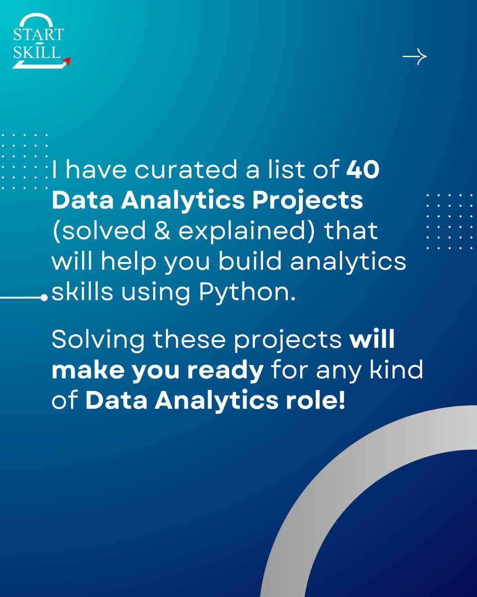 QuickCourse_'s tweet image. 🚀 Ready to supercharge your career in data analytics? With 40 hands-on projects in Python, you’ll gain real-world skills to analyze, visualize, and make data-driven decisions like a pro. 
#Start2Skill #DataAnalytics #PythonProjects #LearnPython #DataScienceIndia #CareerGrowth
