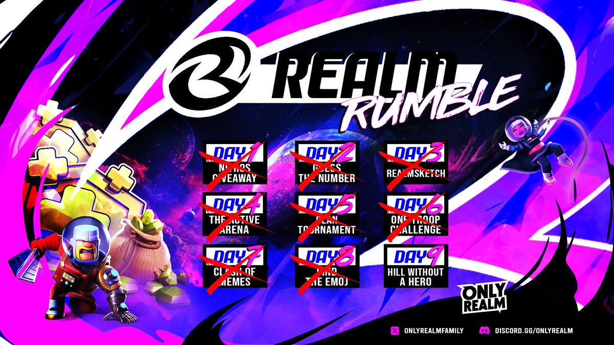 ⚔️🔥 𝐑𝐄𝐀𝐋𝐌 𝐑𝐔𝐌𝐁𝐋𝐄 – 𝐃𝐀𝐘 9 𝐅𝐈𝐍𝐀𝐋𝐄 🔥⚔️

The last battle is here: 𝑯𝒊𝒍𝒍 𝑾𝒊𝒕𝒉𝒐𝒖𝒕 𝒂 𝑯𝒆𝒓𝒐 👑

🗡️ King of the Hill – TH17 Hardmode
💰 $15 Prizepool
🕒 Starts: 15:00 UTC
📜 Rules, clans &amp; 1 banned hero revealed at 14:30 UTC

One last climb. One last