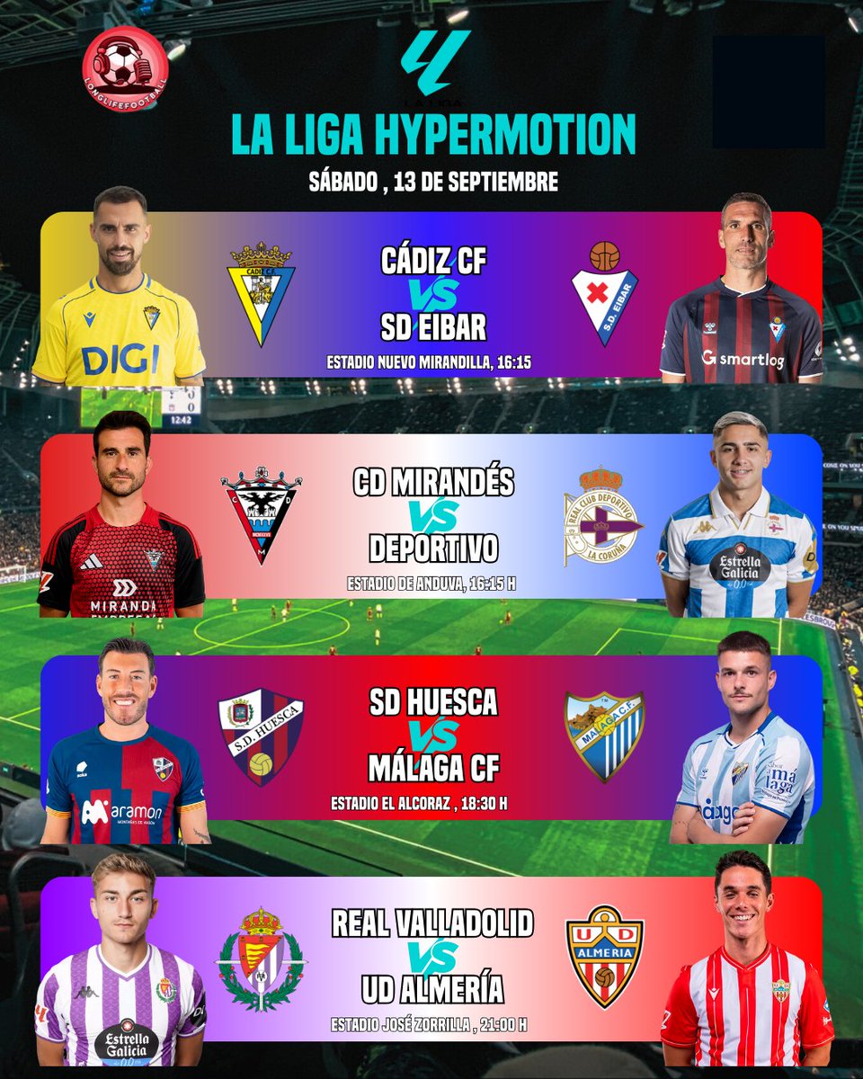 LongLifeFutbol's tweet image. 🇪🇸 LA LIGA HYPERMOTION🇪🇸

👻 No te pierdas los partidos del Sábado 13 de Septiembre de #LaLigaHypermotion 

👉 @Cadiz_CF - @SDEibar 
👉 @CDMirandes - @RCDeportivo 
👉 @SDHuesca - @MalagaCF 
👉 @realvalladolid - @U_D_Almeria 

#laliga #CadizEibar #MirandesDeportivo #HuescaMalaga…
