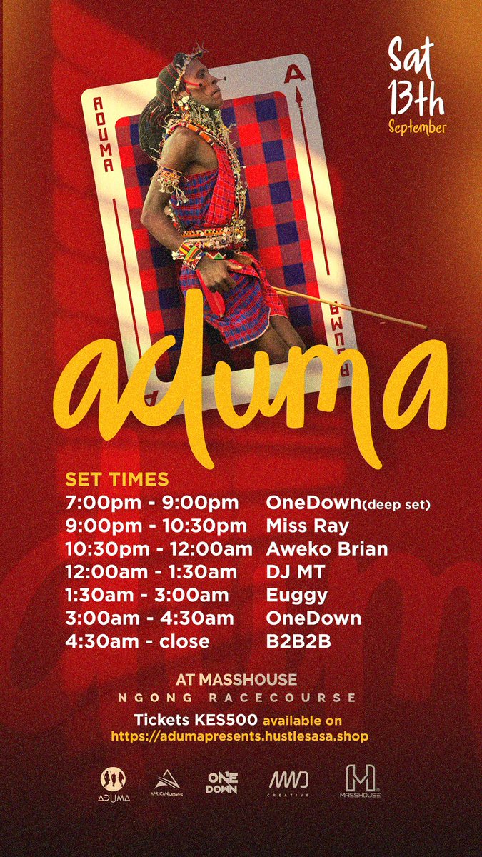 Aduma Presents (@adumapresents) on Twitter photo Here’s our programming for tonight
📍 <a href="/masshouse_ke/">Masshouse•Live ™️</a>
See you on the dancefloor 🪩
Tickets available on 🎫
adumapresents.hustlesasa.shop/?product=68328
Oontz Oontz by
<a href="/OneDownLIVE/">Oontz Master</a> <a href="/euggy_dj/">EUGGY</a> <a href="/awekobrianmusic/">AWEKO BRIAN</a> <a href="/djmissRay/">changemustcome</a> & more Here’s our programming for tonight
📍 <a href="/masshouse_ke/">Masshouse•Live ™️</a>
See you on the dancefloor 🪩
Tickets available on 🎫
adumapresents.hustlesasa.shop/?product=68328
Oontz Oontz by
<a href="/OneDownLIVE/">Oontz Master</a> <a href="/euggy_dj/">EUGGY</a> <a href="/awekobrianmusic/">AWEKO BRIAN</a> <a href="/djmissRay/">changemustcome</a> & more