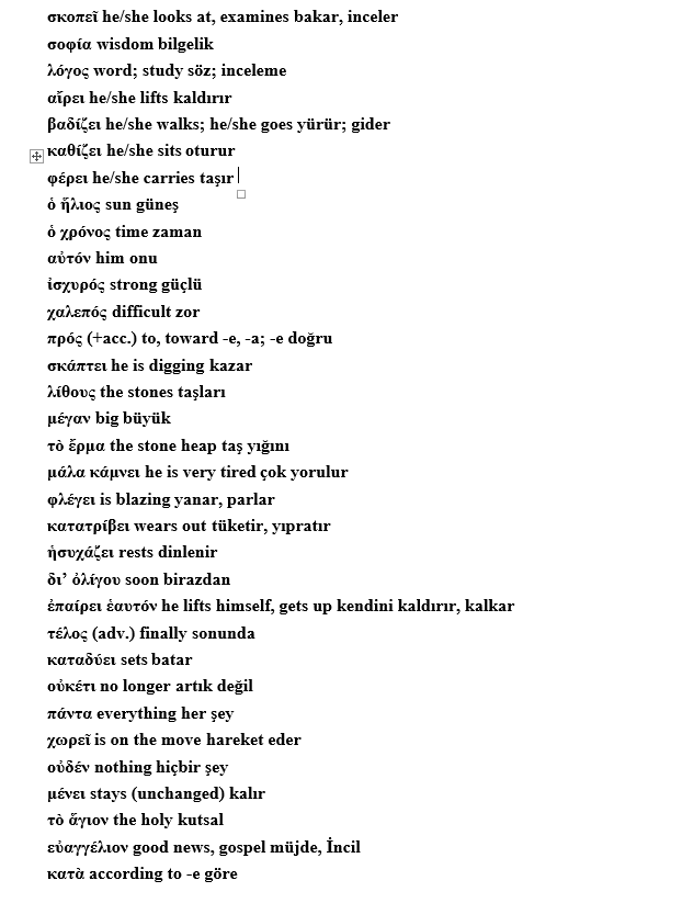 Bu da öğrendiğim kelimelerin listesi: