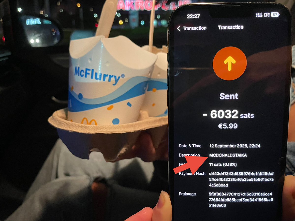 Eivydas Račkauskas (@eivydasr) on Twitter photo .<a href="/McDonalds/">McDonald's</a> doesn’t even know that I bought McFlurry with sats straight from my <a href="/getAlby/">Alby 🐝</a> LN node, thanks to <a href="/wavespace_/">wave.space | Live on Bitcoin</a> ⚡️
You don’t need any permission to live on a Bitcoin standard today! .<a href="/McDonalds/">McDonald's</a> doesn’t even know that I bought McFlurry with sats straight from my <a href="/getAlby/">Alby 🐝</a> LN node, thanks to <a href="/wavespace_/">wave.space | Live on Bitcoin</a> ⚡️
You don’t need any permission to live on a Bitcoin standard today!