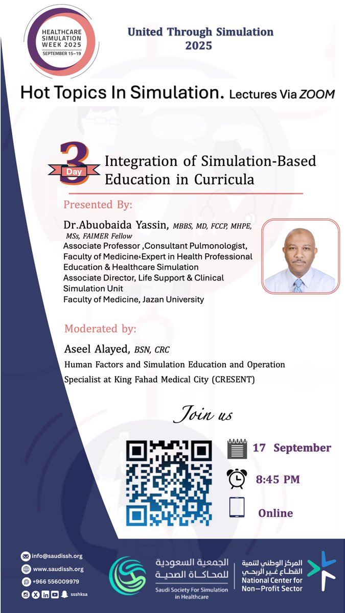 📢 Continue with us on Day 3 of Healthcare Simulation Week 2025 ✨
📍 Topic: Integration of Simulation-Based Education in Curricula

🗓️ Date: 17 September
⏰ Time: 8:45 PM (via ZOOM)
🔗 Register now and join this insightful lecture!
#HSimWeek25 #HealthcareSimulation