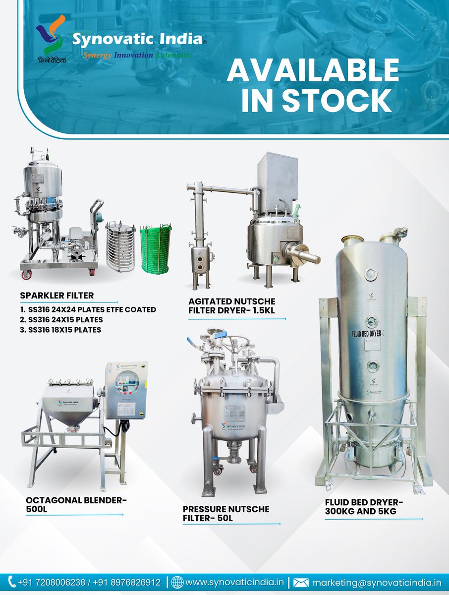 Synovatic's tweet photo. Available in Stock at Synovatic India 🔹
📩 Connect with us today at marketing@synovaticindia.in or call +91 7208006238 for quick solutions to your process needs.
 
#SynovaticIndia #ProcessMachinery #PharmaEquipment #InnovationInAction #AvailableInStock https://t.co/kybzcOGSfy