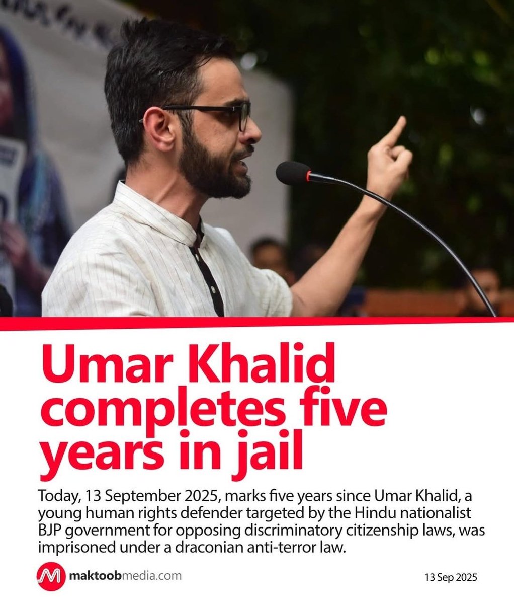 Umar Khalid completes 5 years in jail.

5 Years 
1765 Days 

Travesty of Justice.