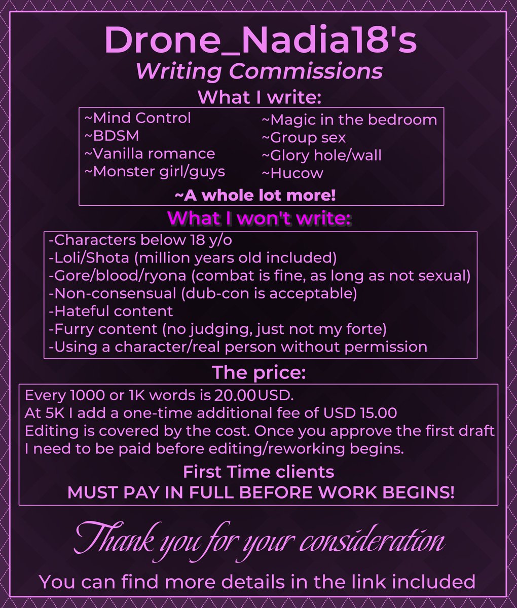 I'm still taking projects! Looking for a spooky Halloween story? A lewd adventure? Something more cozy for fall? Now is the time!

There will be a sale, detailed info posted Monday! Price will go from 20 USD per 1k to 13 (spooky number!) USD!