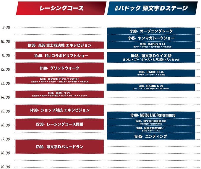 A timetable with red and blue columns listing event schedules at Fuji Speedway. Times from 9:00 to 19:00 are shown, with activities like AEBG live broadcast, Fuji GT championship, and MOTUL LIVE PERFORMANCE. Text includes Japanese and English, with specific event names and times.