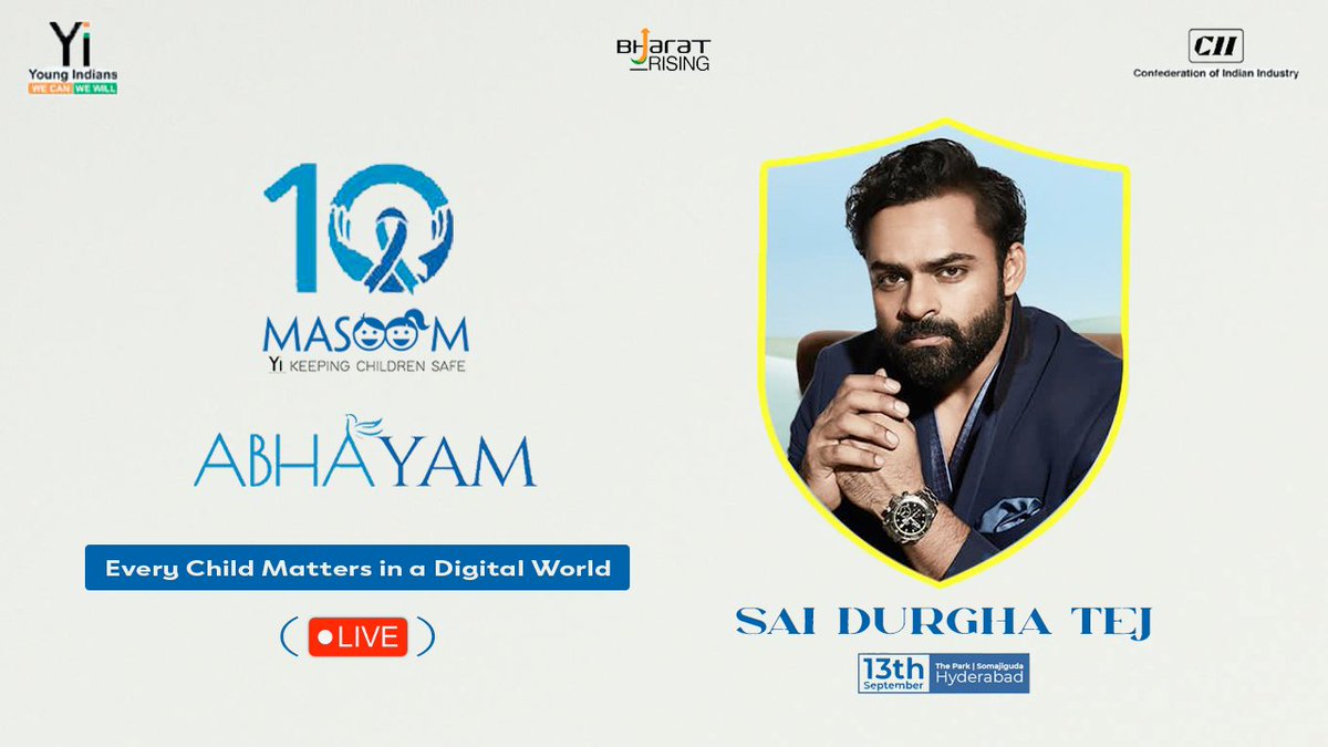 SaiDharamTej_FC's tweet photo. . @IamSaiDharamTej garu at #Abhayam - Masoom Summit ’25 ✨

Speaking on Every Child Matters in a Digital World 💙

👉 https://t.co/cwJwWHsIJg 

#SaiDurghaTej #MasoomSummit25 #EveryChildMatters #SaiDharamTej https://t.co/D1KHag8kHF