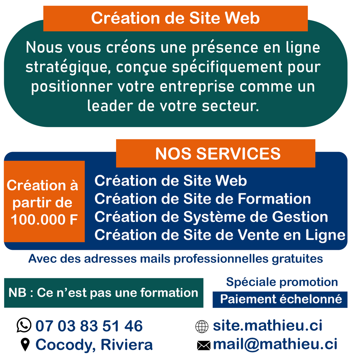 mathieu_hackerW's tweet image. Création de Site Web
Création de Site de Formation
Création de Système de Gestion
Création de Site de Vente en Ligne
----------------------------------
📞 07 03 83 51 46 (WhatsApp)
----------------------------------
🌐 site.mathieu.ci
📧 mail@mathieu.ci
📍 Abidjan, Cocody