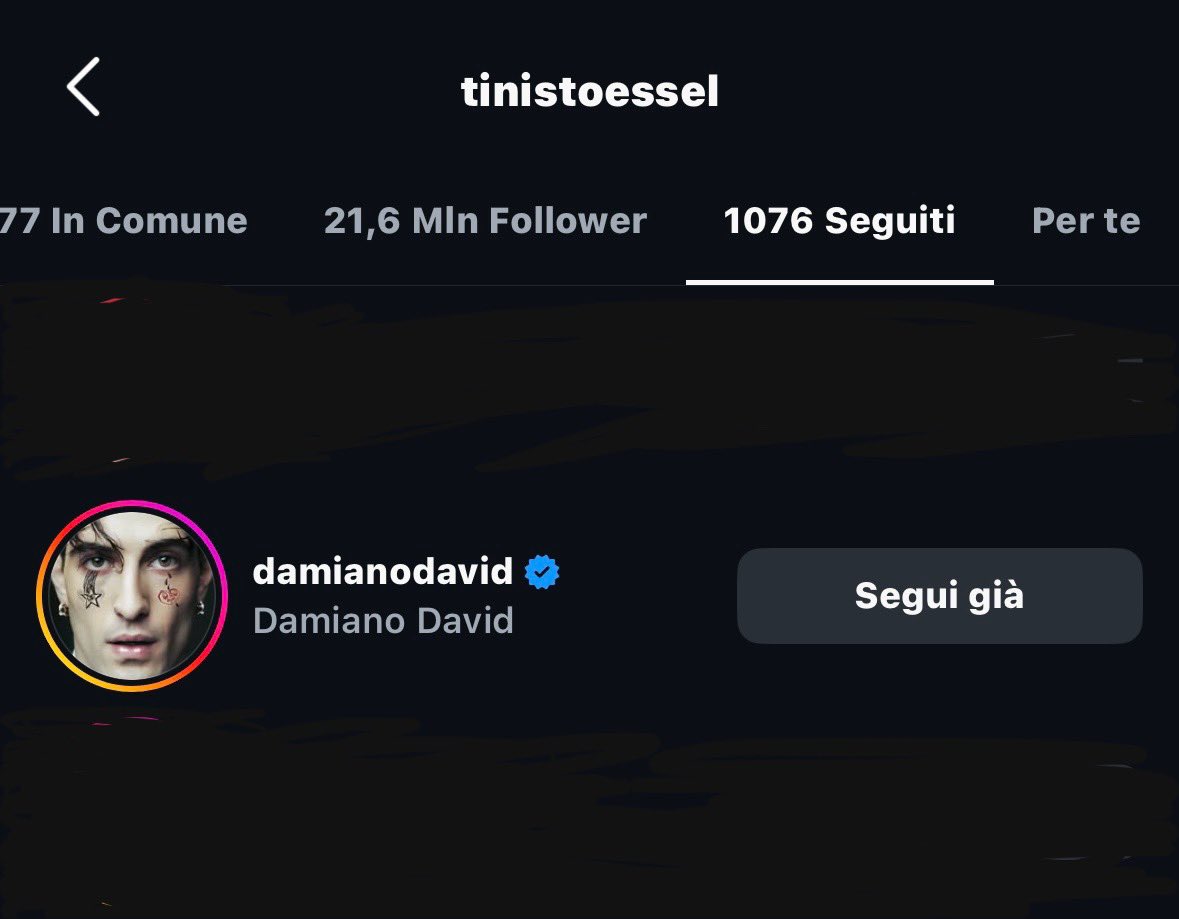 fcotinitalia's tweet photo. Tini ha iniziato a seguire su Instagram Damiano David (cantante italiano e ex componente dei Maneskin)😍 https://t.co/OlhBdXlkS8