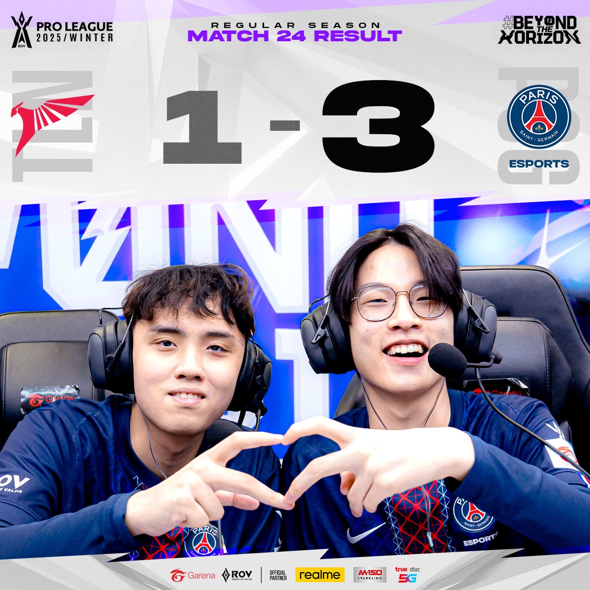 วัยรุ่นปารีส 🇫🇷PSG Esports เอาชนะ TLN ไปได้สำเร็จ 3-1 เกม เก็บแต้มไล่ตามขึ้นมาแต้มเท่ากับ EA และ BAC ได้สำเร็จ! คู่สุดท้ายพบแมตช์สุดท้ายระหว่าง BRU 🆚 HD ในเวลา 18:30 ห้ามพลาด! #RPL2025Winter #BeyondTheHorizon #RoV
