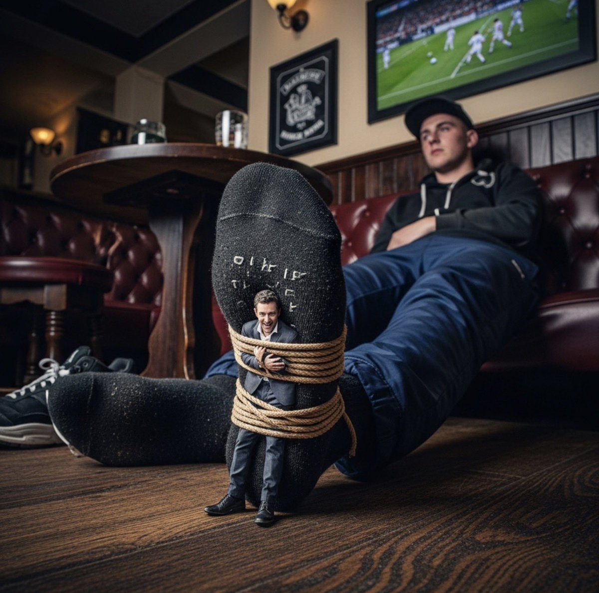 Who’s foot would you want to be tied to?

Builder 👷🏼 
Football player 🏈
Scally  🚬

Comment below

Ai: fantasy 
18+