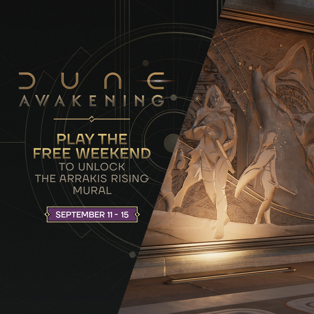 Spieler die Dune: Awakening während des kostenlosen Wochenendes (11.09.-15.09.) spielen, schalten das Wandbild „Arrakis Rising“ frei! Gilt übrigens auch für diejenigen, die das Spiel schon haben. 
Das Wandbild wird nach Ende des kostenlosen Wochenendes in Ihrem Gebäude-Menü