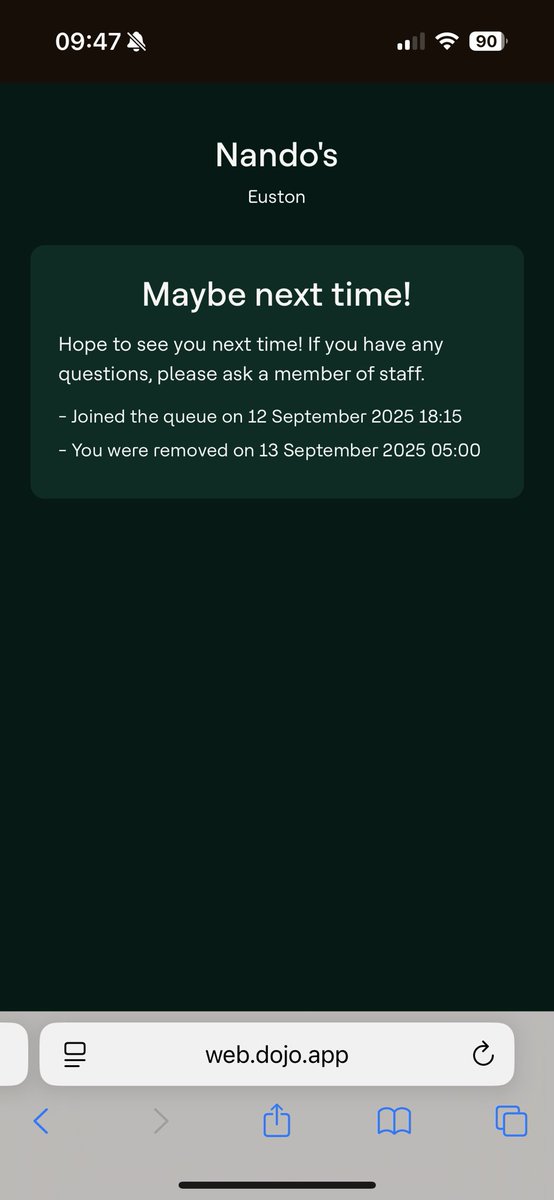 katemidd321's tweet photo. The fact that the queue page still had us in the queue until 5am this morning just shows they made no attempt to let us know the table was ready. Highly disappointed. 3/3 https://t.co/iIbQTAAoTH