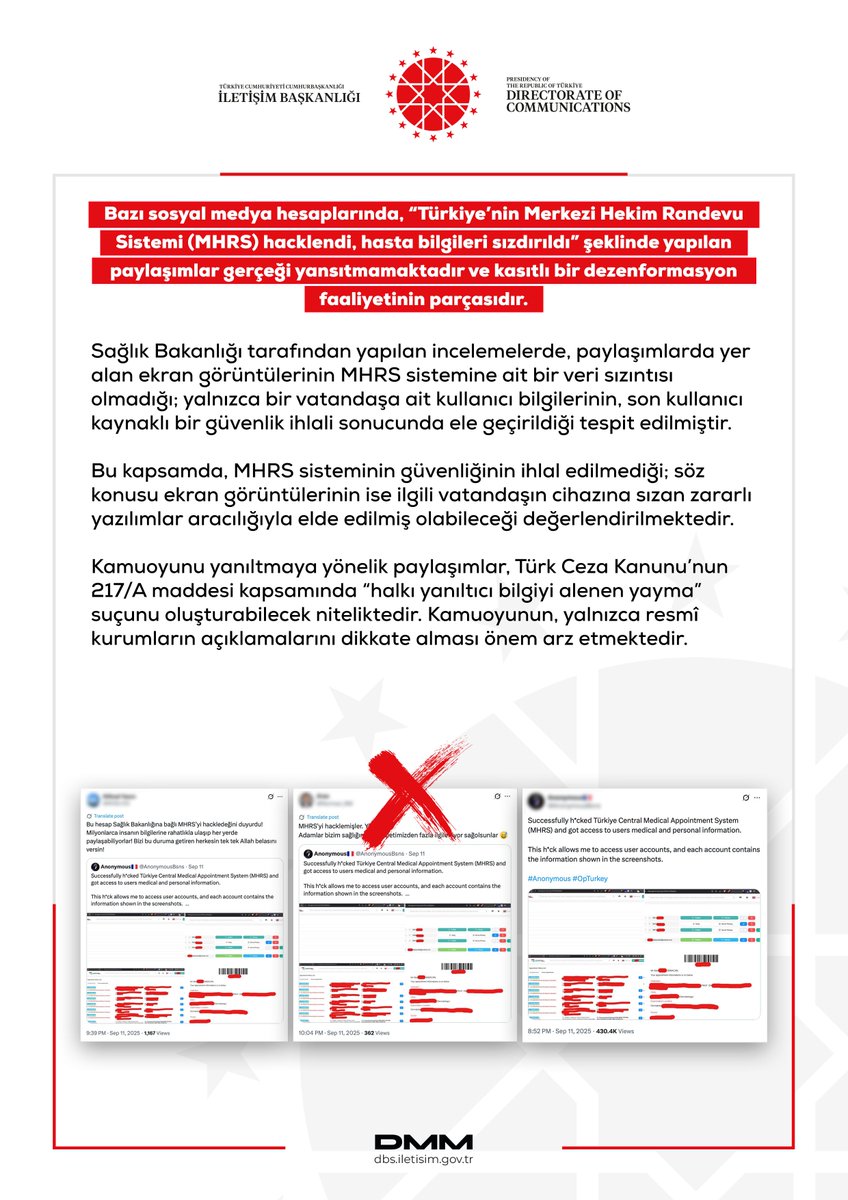 A red cross mark over three screenshots of what appear to be digital interfaces or screens, likely related to the Merkezi Hekim Randevu Sistemi (MHRS). The Dezenformasyonla Mücadele Merkezi logo is visible at the top and bottom of the image. Text overlays are present, detailing information about the MHRS system and data security.