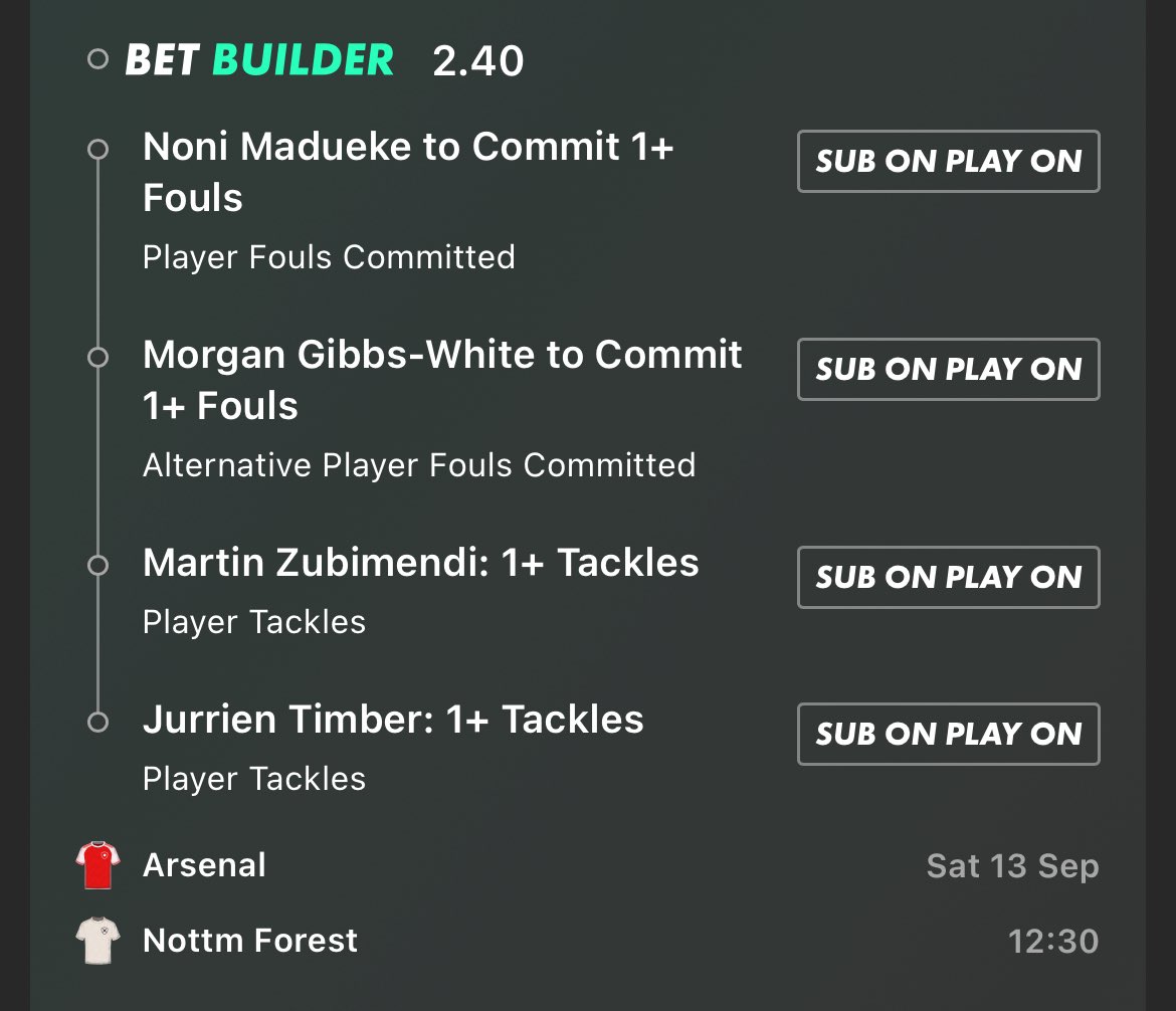 📋 BetBuilder 
⚽️ Arsenal vs Nottm Forest
🏴󠁧󠁢󠁥󠁮󠁧󠁿 ENG Premiership | 12:30
📝 Bet365 @ 2.40