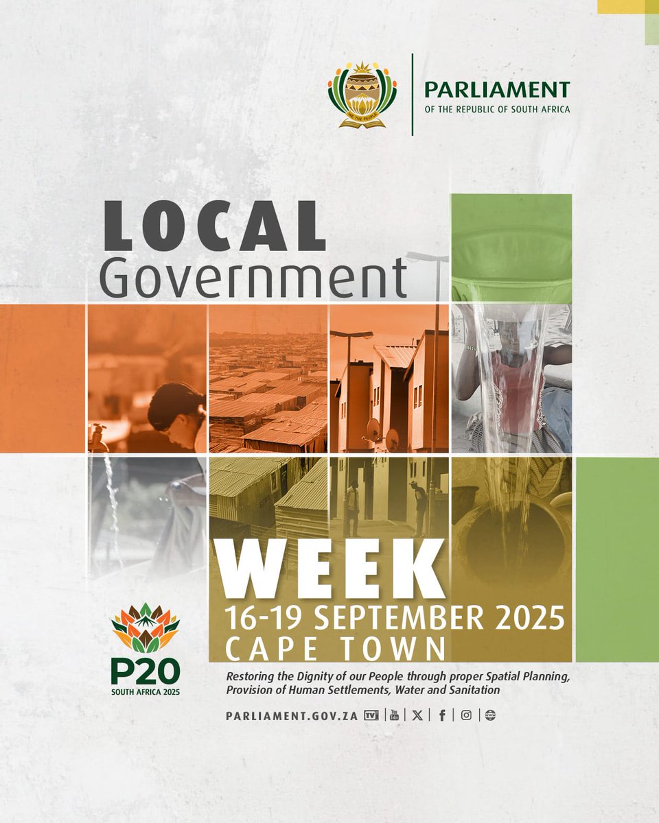 zsszonyane's tweet image. 📢 #LocalGovernmentWeek2025 🔴
The National Council of Provinces @ParliamentofRSA is in @CapeTown from 16 to 19 September 2025.
Focus will be on #LocalGovernment #SpatialPlanning, #HumanSettlements & #Water_Sanitation.
@DpmeOfficial @environmentza @NationalCoGTA @The_DHS…