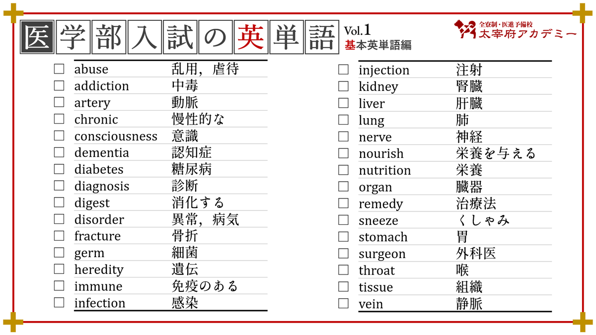 医学部入試の英語では、医療・生物系の単語がよく出題されます。一般の