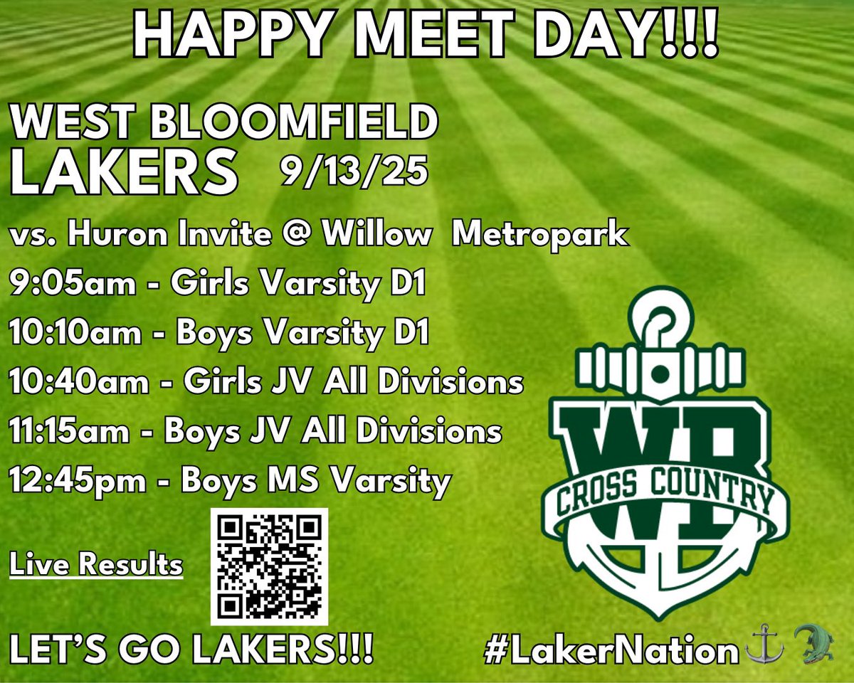 HAPPY MEET DAY!!!
9/13/25 | Huron Invite @ Willow Metropark
9:05am - Girls Varsity D1
10:10am - Boys Varsity D1
10:40am - Girls JV
11:15am - Boys JV
12:45pm - Boys MS Varsity
LIVE RESULTS: live.dlprotiming.org/meets/56329
#LakerNation #TeamWB #OnlyWB