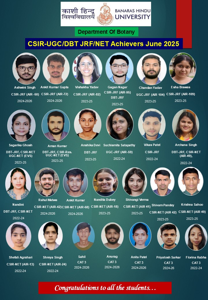 Incredible Success from the students of Department of Botany, BHU, who have cleared CSIR-UGC/DBT JRF/NET in June 2025. Many congratulations and Lots of blessings for their future study and research. We all feel proud for your achievements. <a href="/bhupro/">BHU Official</a> , <a href="/DeanScienceBHU/">Dean, Faculty of Science</a>