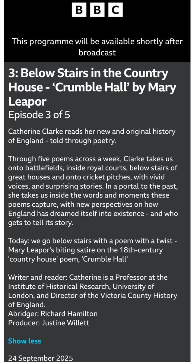 Catherine Clarke (@cathamclarke) on Twitter photo If you'd like a taster of my new #history #book, #AHistoryOfEnglandIn25Poems, it's going to be Book of the Week on <a href="/BBCRadio4/">BBC Radio 4</a>, starting Monday 22 Sept. 5 chapters take us from the Battle of Maldon in 991 to today - each a miniature adventure in time travel. I hope you enjoy it! If you'd like a taster of my new #history #book, #AHistoryOfEnglandIn25Poems, it's going to be Book of the Week on <a href="/BBCRadio4/">BBC Radio 4</a>, starting Monday 22 Sept. 5 chapters take us from the Battle of Maldon in 991 to today - each a miniature adventure in time travel. I hope you enjoy it!