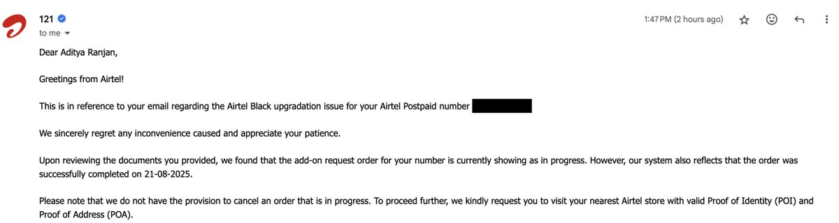 adityaranjan14's tweet photo. the great @airtelindia @Airtel_Presence reply. They know the order is fulfilled &amp; still nt updtd in  app due to which I can not convert to AirtelBlack. Already went to store they weren't able to resolve either. Wt kind of app you have? Cnt evn port due to some shitty obligations https://t.co/Jzfc6fPaYL
