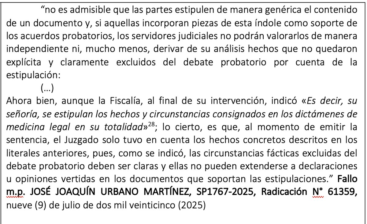 alfesac's tweet photo. El juez no puede considerar los documentos base de la estipulación, para acreditar hechos que no fueron expresamente estipulados: "las circunstancias fácticas excluidas del debate probatorio deben ser claras y ellas no pueden extenderse a declaraciones u opiniones vertidas en los documentos que soportan las estipulaciones" M.P. J. J. URBANO