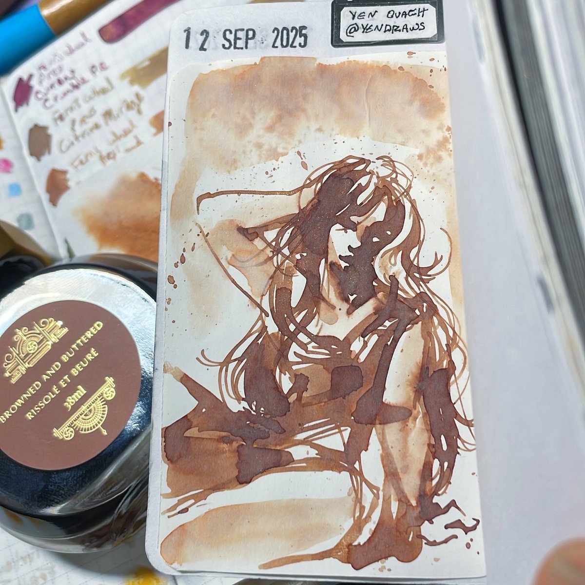 Browned &amp; Buttered ink abailable now~

🌈 Use code JA-YD to get 10% off orders at @ferriswheelpress (linked in bio) #ad 

🖋️ kakimori steel nib dip pen 
📄 sakae iroful paper  
🎨 #ferriswheelpress  
🌟 #draweveryday #ded2025