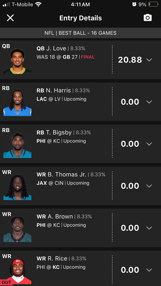 ZeroRBdad's tweet image. One of my favorite Zero Rb teams

#zerorb
#draftkings 
#FantasyFootball